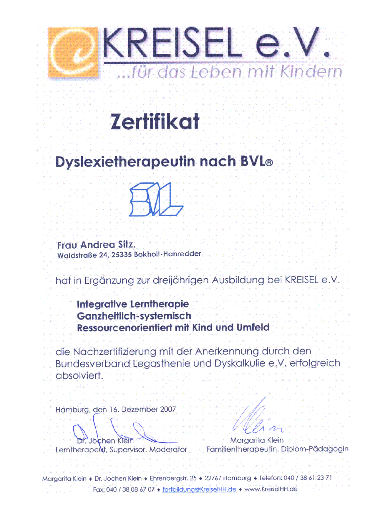 DyslexietherapeutinBVL®-Zertifikat 2007